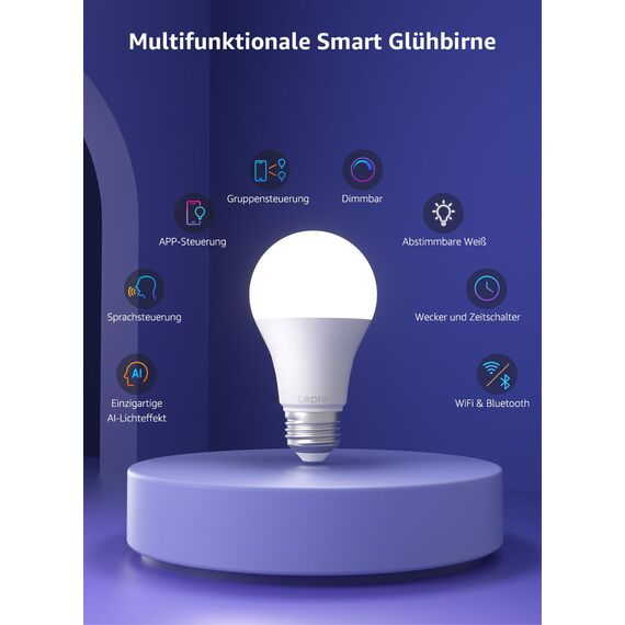 Lepro AI Smart Glühbirne B1, E27 Lampe 8.5W 806lm Dimmbar, Personalisierter KI-Lichtdesigner, Sprachsteuerung/Musik Sync, WiFi & Bluetooth Smart Bulb, Kompatibel mit Alexa/Google Assistant