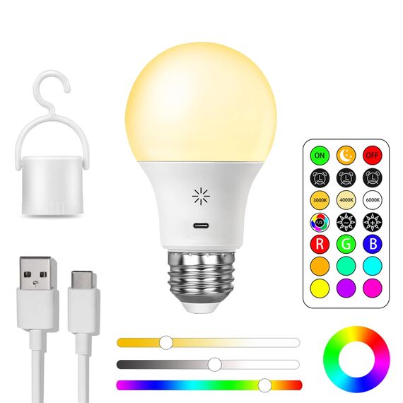 USB Aufladbar Batterie Glühbirne Mit Fernbedienung, E27 Smart Farbwechsel Farbige RGB Glühbirnen ,9+3 Farbtemperatur, 8W LED Dimmbare Touch Control Akku Lampe Mit Timing Funktion, 2600mAh ,1 pack