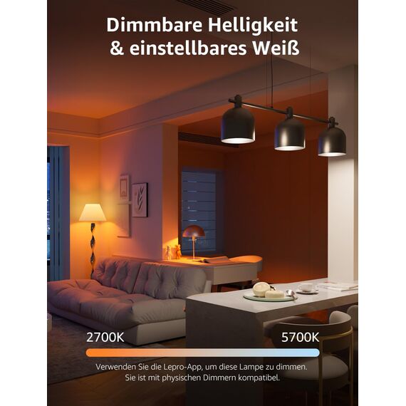 Lepro AI Smart Glühbirne B3, E27 WLAN/Bluetooth Smart Bulb 1521lm Dimmbar, Foto-zu-Licht, Personalisierter KI-Lichtdesigner, Sprachsteuerung/Musik Sync, Kompatibel mit Alexa/Google Assistant, 4 Stück