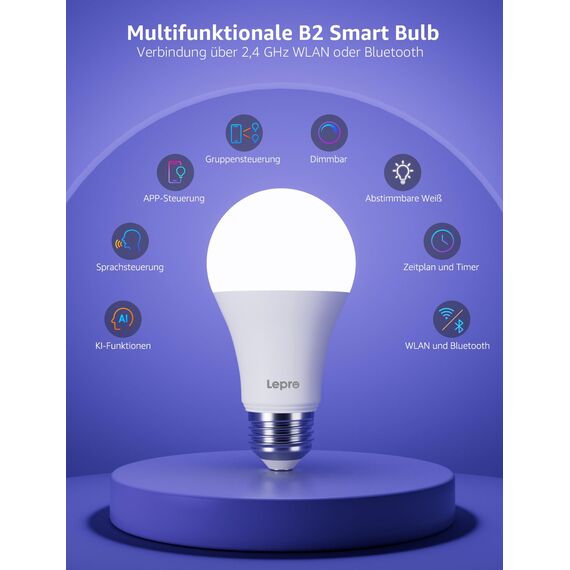 Lepro AI Smart Glühbirne B2, E27 lampe 10W 1100lm Dimmbar, Personalisierter KI-Lichtdesigner, Sprachsteuerung/Musik Sync, WiFi & Bluetooth Smart Bulb, Kompatibel mit Alexa/Google Assistant, 2 Stück