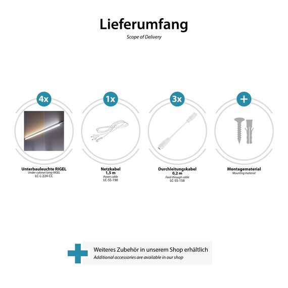 ledscom.de 4er Set LED Unterbau-Leuchten Rigel, je 87,3cm, Farbtemperatur einstellbar /, 39,7W, je 1122lm