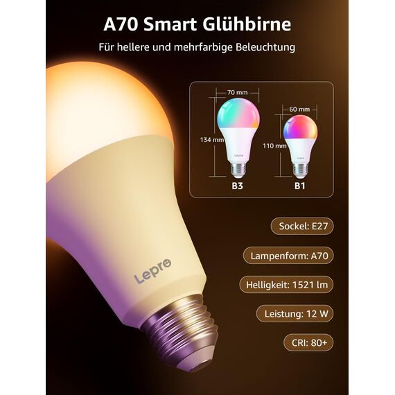 Lepro AI Smart Glühbirne B3, E27 WLAN/Bluetooth Smart Bulb 1521lm Dimmbar, Foto-zu-Licht, Personalisierter KI-Lichtdesigner, Sprachsteuerung/Musik Sync, Kompatibel mit Alexa/Google Assistant, 4 Stück