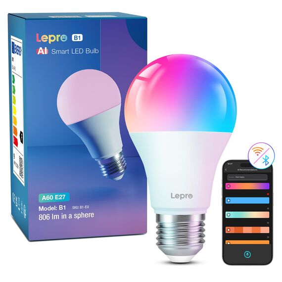 Lepro AI Smart Glühbirne B1, E27 Lampe 8.5W 806lm Dimmbar, Personalisierter KI-Lichtdesigner, Sprachsteuerung/Musik Sync, WiFi & Bluetooth Smart Bulb, Kompatibel mit Alexa/Google Assistant