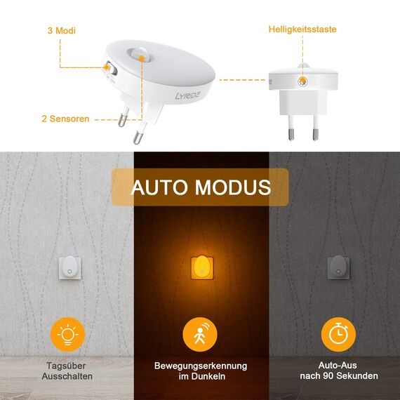 LYRIDZ Bernstein Nachtlicht Steckdose mit Bewegungsmelder, strahlend hell Plug-in Nachtlicht dimmbar, Smart LED-Licht mit einstellbarer Helligkeit für Kinder Schlafzimmer Küche Flur(Bernstein 2 Stück)
