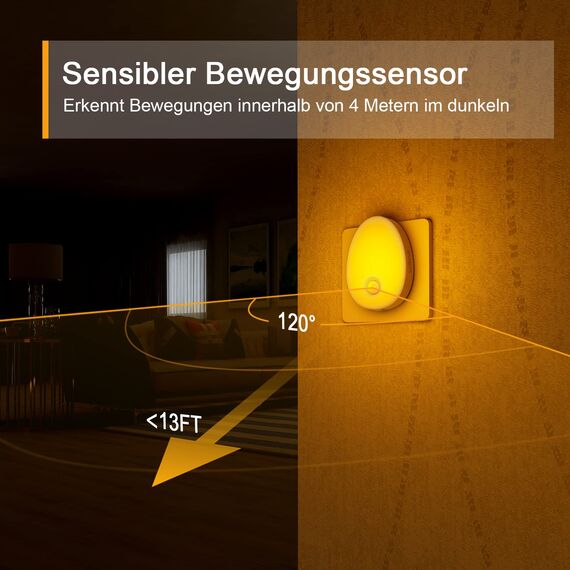 LYRIDZ Bernstein Nachtlicht Steckdose mit Bewegungsmelder, strahlend hell Plug-in Nachtlicht dimmbar, Smart LED-Licht mit einstellbarer Helligkeit für Kinder Schlafzimmer Küche Flur(Bernstein 2 Stück)