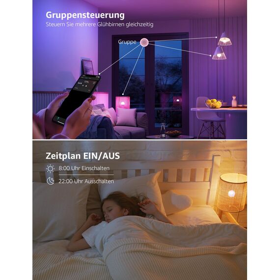 Lepro AI Smart Glühbirne B1, E27 Lampe 8.5W 806lm Dimmbar, Personalisierter KI-Lichtdesigner, Sprachsteuerung/Musik Sync, WiFi & Bluetooth Smart Bulb, Kompatibel mit Alexa/Google Assistant, 2 Stück