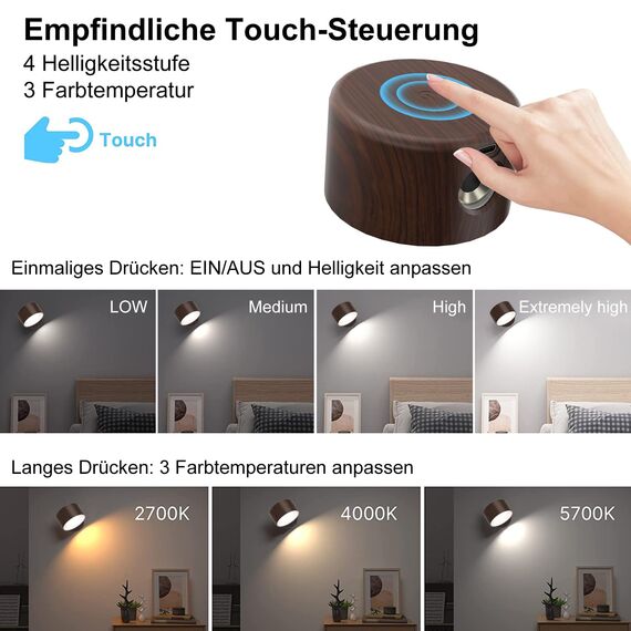 Amicool Wandleuchte Innen,Wandlampe Wandlichter ohne bohren und stromanschluss, leselicht Dimmbar Akku, Leuchten für Kinder Touch 4 Helligkeitsstufen 3 Farbmodi 360° drehbare für Schlafzimmer