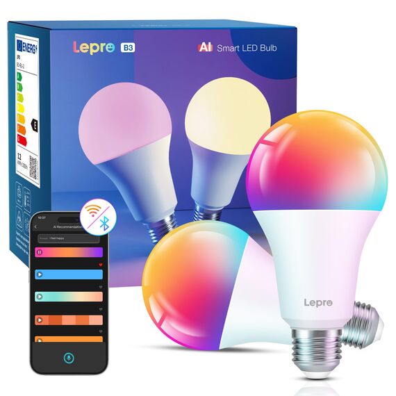 Lepro AI Smart Glühbirne B3, E27 WLAN/Bluetooth Smart Bulb 1521lm Dimmbar, Foto-zu-Licht, Personalisierter KI-Lichtdesigner, Sprachsteuerung/Musik Sync, Kompatibel mit Alexa/Google Assistant, 2 Stück