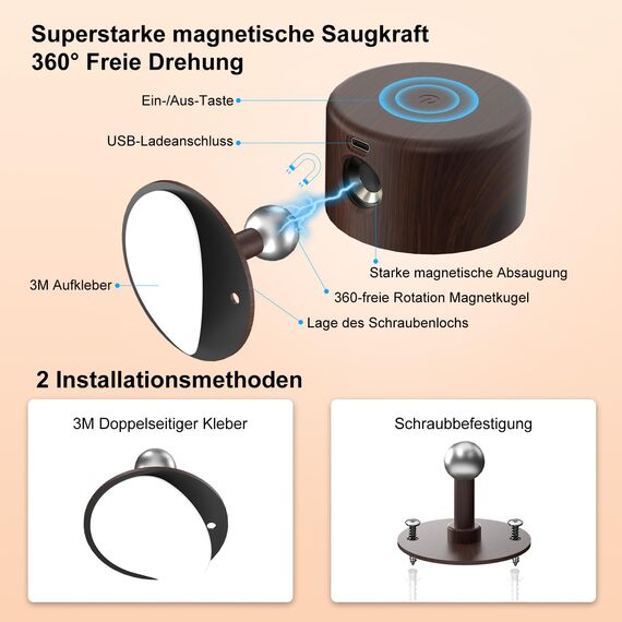 Amicool Wandleuchte Innen,Wandlampe Wandlichter ohne bohren und stromanschluss, leselicht Dimmbar Akku, Leuchten für Kinder Touch 4 Helligkeitsstufen 3 Farbmodi 360° drehbare für Schlafzimmer