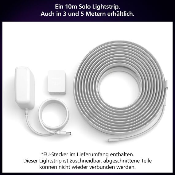 Philips Hue Indoor 10m Smart LED Solo Lightstrip Basis-Set, 1er-Pack, indirekte Beleuchtung mit der Hue App steuerbar, LED Streifen funktioniert mit Alexa, Google Assistant und Apple HomeKit