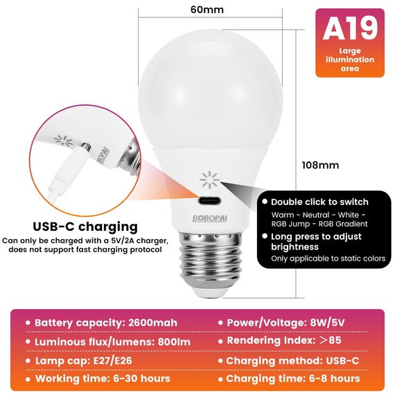 USB Aufladbar Batterie Glühbirne Mit Fernbedienung, E27 Smart Farbwechsel Farbige RGB Glühbirnen ,9+3 Farbtemperatur, 8W LED Dimmbare Touch Control Akku Lampe Mit Timing Funktion, 2600mAh ,1 pack
