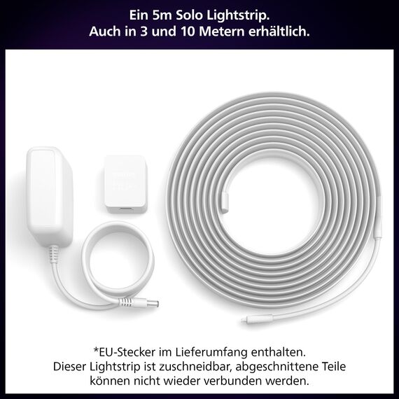 Philips Hue Indoor 5m Smart LED Solo Lightstrip Basis-Set, 1er-Pack, indirekte Beleuchtung mit der Hue App steuerbar, LED Streifen funktioniert mit Alexa, Google Assistant und Apple HomeKit