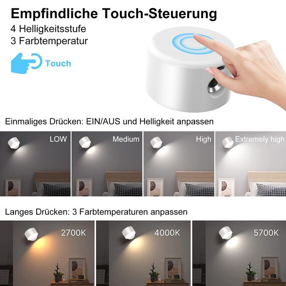 Amicool Wandleuchte Wandlampe Innen, Nachttischlampe Dimmbar mit Akku 1 Stück, Led Nachttischlampen Touch Control 3 Helligkeitsstufen 3 Farbmodi 360° drehbare für Wohnzimmer Schlafzimmer
