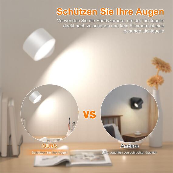 Amicool Wandleuchte Wandlampe Innen, Nachttischlampe Dimmbar mit Akku 1 Stück, Led Nachttischlampen Touch Control 3 Helligkeitsstufen 3 Farbmodi 360° drehbare für Wohnzimmer Schlafzimmer