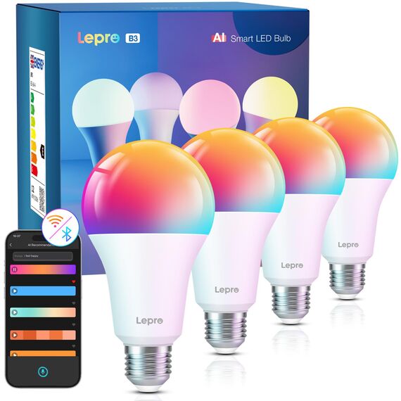 Lepro AI Smart Glühbirne B3, E27 WLAN/Bluetooth Smart Bulb 1521lm Dimmbar, Foto-zu-Licht, Personalisierter KI-Lichtdesigner, Sprachsteuerung/Musik Sync, Kompatibel mit Alexa/Google Assistant, 4 Stück