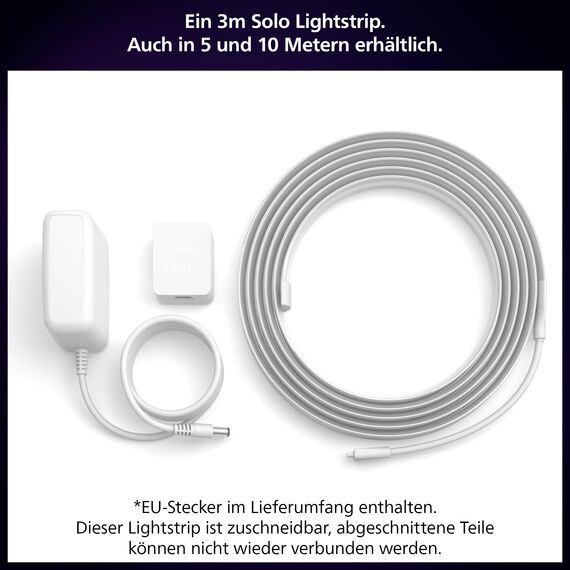 Philips Hue Indoor 3m Smart LED Solo Lightstrip Basis-Set, 1er-Pack, indirekte Beleuchtung mit der Hue App steuerbar, LED Streifen funktioniert mit Alexa, Google Assistant und Apple HomeKit