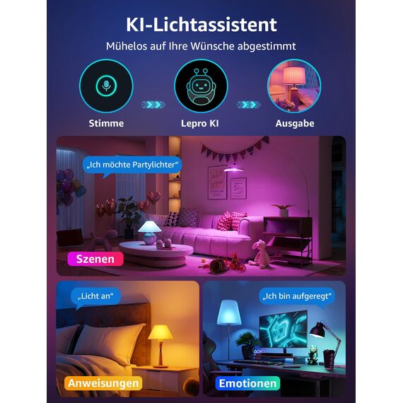 Lepro AI Smart Glühbirne B3, E27 WLAN/Bluetooth Smart Bulb 1521lm Dimmbar, Foto-zu-Licht, Personalisierter KI-Lichtdesigner, Sprachsteuerung/Musik Sync, Kompatibel mit Alexa/Google Assistant, 2 Stück