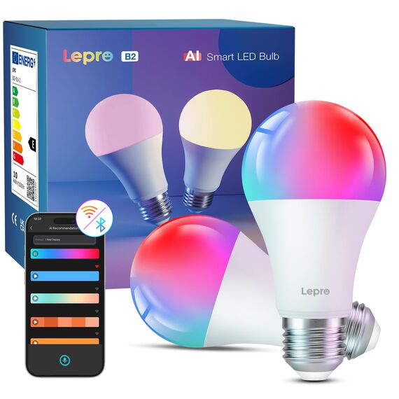Lepro AI Smart Glühbirne B2, E27 lampe 10W 1100lm Dimmbar, Personalisierter KI-Lichtdesigner, Sprachsteuerung/Musik Sync, WiFi & Bluetooth Smart Bulb, Kompatibel mit Alexa/Google Assistant, 2 Stück