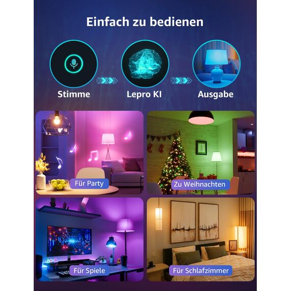 Lepro AI Smart Glühbirne B2, E27 lampe 10W 1100lm Dimmbar, Personalisierter KI-Lichtdesigner, Sprachsteuerung/Musik Sync, WiFi & Bluetooth Smart Bulb, Kompatibel mit Alexa/Google Assistant, 2 Stück