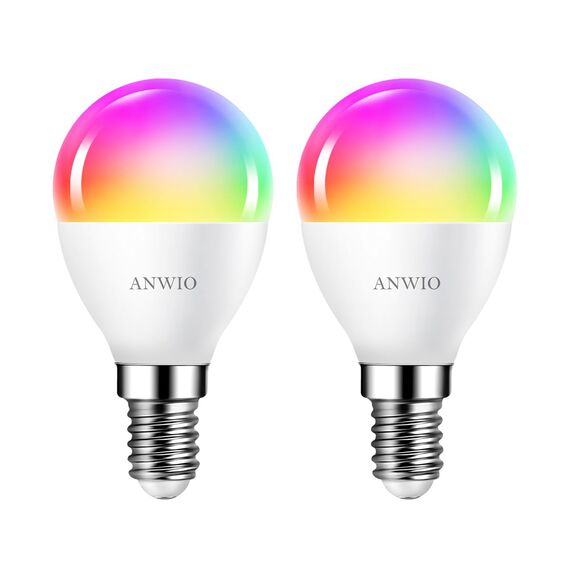 ANWIO Alexa Smart Glühbirnen E14 Wlan LED Lampen Dimmbar Glühbirne 5W 470LM+2700-6500K+RGB 16 Millionen Farben E14 LED Dimmbar Alexa, App Steuern Kompatibel mit Google Home, Sprachsteuerung, 2 Pack