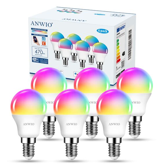 ANWIO 5W Smart E14 LED Lampen Warmweiß und Kaltweiß 470LM, Dimmbar Glühbirne Mehrfarbig, Tropfen, Wlan LED Birnen, kompatibel mit Alexa und Google Home, Kein Hub, 6er Pack