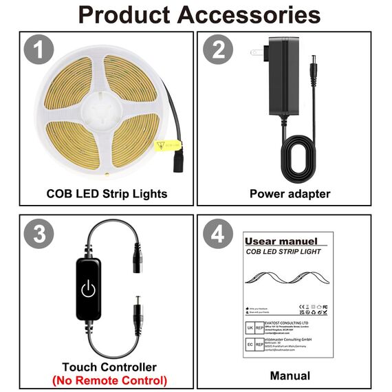 FUIQI COB LED Streifen 3m,warmweiß 3000K 24V COB LED Band Mit Adapter,Touch Dimmbar LED Streifen,320LED/M,CRI>90,8mmbreit,Lichtband LED geeignet für Schlafzimmer,Küchen,Schränke