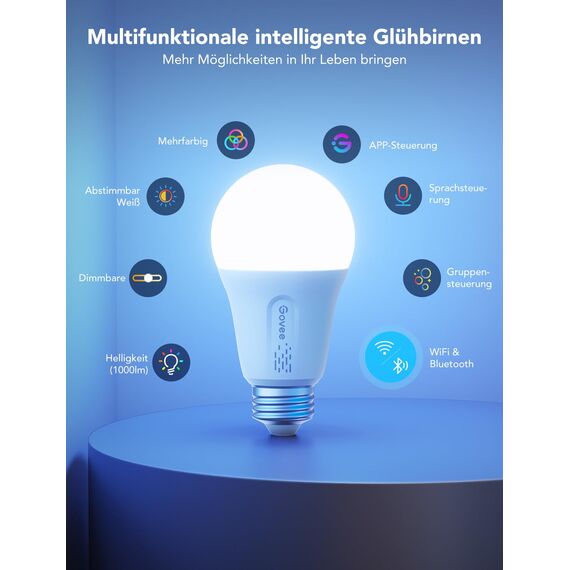 Govee Smart Glühbirne E27, 1000LM RGBWW Led Lamp App dimmbar, Wi-Fi & Bluetooth Smart Bulbs 9W, 54 Szenen, 16 Millionen DIY-Farben, Kompatibel mit Alexa & Google Assistant, 2 Stück