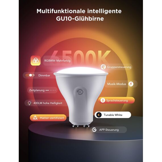 Govee Glühbirne GU10 LED RGBWW, Smarte Glühbirne Funktioniert mit Matter, Alexa, Google Home, 400LM WLAN LED Lampe Dimmbare Farbwechsel, 56 Szenen, Smart Bulb GU10 Synchronisierung mit Musik 4 Packung