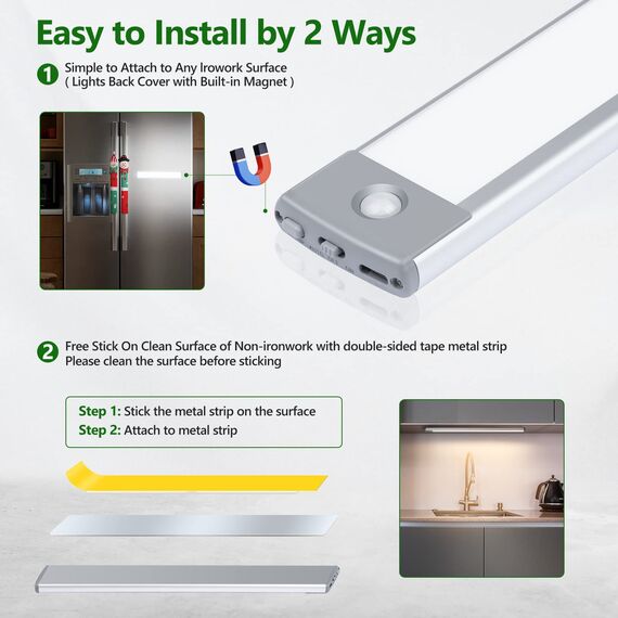 Schrankbeleuchtung Küchenleuchte mit 60 LED, 3 Farbtemperaturen, stufenloses Dimmen, Bewegungsmelder-Leuchten für den Innenbereich, Kleiderschrankleuchte, wiederaufladbar über USB, Unterschrankbel
