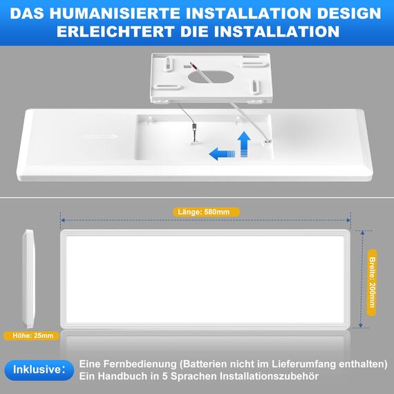 Deckenlampe, Led Deckenleuchte Dimmbar mit Fernbedienung Nachtlicht, 24W 2500LM 3000K - 6500K, Flach Lang Lampe Decke Led Panel Rechteckige Leuchten für Badezimmer Wohnzimmer Büro Backlight 58x20 cm