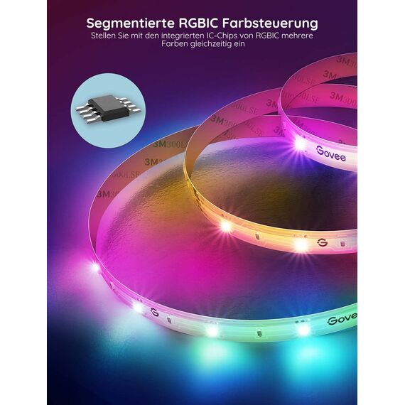 Govee LED Strip 10m, Smart RGBIC LED Streifen, Lichterkette LED Leiste Funktioniert mit Alexa & Google Assistant, DIY Segmentsteuerung, App-Steuerung, Musik Sync, Deko für Party, Zuhause, Schlafzimmer