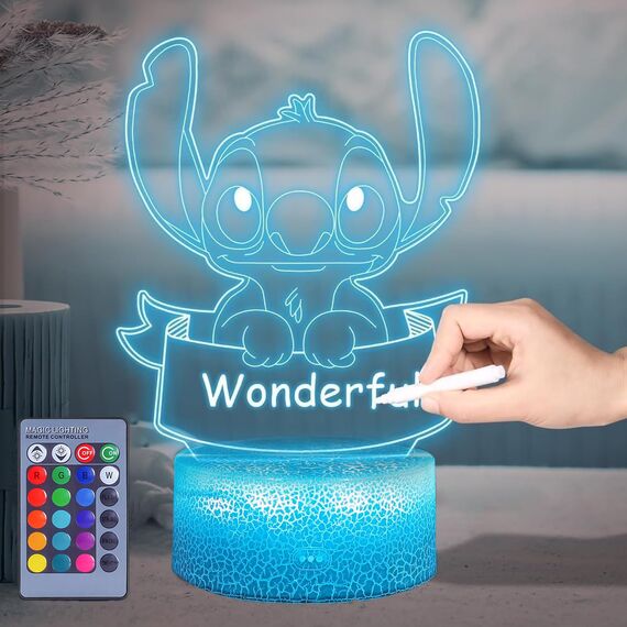 Hoofun Nachtlicht für Kinder:16 Farben DIY Stitch Lampe, Anime 3D Illusion Nachttischlampe mit Fernbedienung, Stitch Merch Sachen Geschenke für Kinderzimmer Dekoration Mädchen Geburtstag Weihnachten