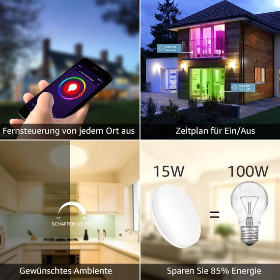 Lepro 15W RGB LED Deckenleuchte Dimmbar, 1250LM 2700K-Kaltweiß IP54 Smart Deckenlampe Wifi, Kompatibel mit Smart Life App, Alexa, für Kinderzimmer, Schlafzimmer, Wohnzimmer, φ22