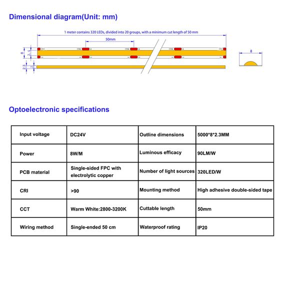 FUIQI COB LED Streifen 5m,warmweiß 3000K 24V LED Band Mit Adapter,Smart App und Fernbedienung 320LED/M,CRI>90,8mmbreit,Dimmbar Lichtband LED geeignet für Schlafzimmer,Küchen,Schränke