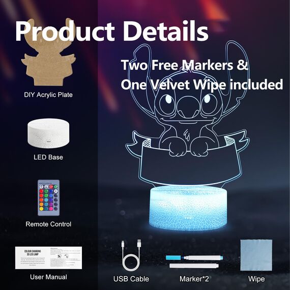Hoofun Nachtlicht für Kinder:16 Farben DIY Stitch Lampe, Anime 3D Illusion Nachttischlampe mit Fernbedienung, Stitch Merch Sachen Geschenke für Kinderzimmer Dekoration Mädchen Geburtstag Weihnachten