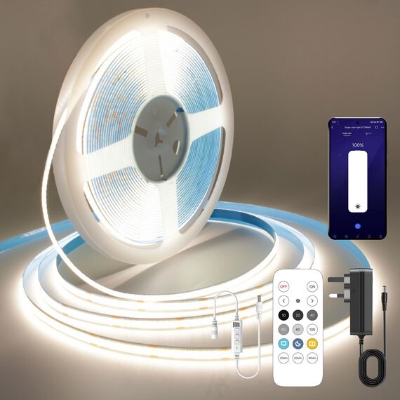 FUIQI COB LED Streifen 10m,Neutralweiß 4000K LED Streifen 24V Mit Adapter,Smart App und Fernbedienung Dimmbar LED Band,320LED/M,CRI>90,8mmbreit,geeignet für Schlafzimmer,Küchen,Schränke