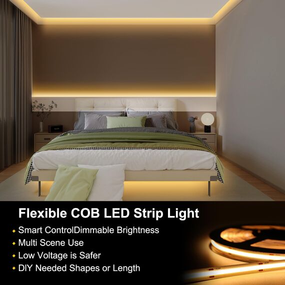 FUIQI COB LED Streifen 5m,warmweiß 2700K LED Streifen 24V Mit Adapter,Smart App und Fernbedienung Dimmbar LED Band,320LED/M,CRI>90,8mmbreit,geeignet für Schlafzimmer,Küchen,Schränke