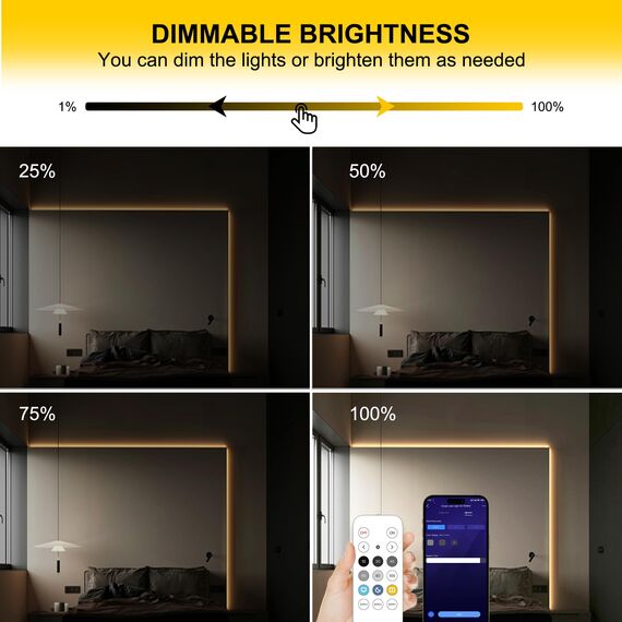 FUIQI COB LED Streifen 10m,warmweiß 2700K LED Streifen 24V Mit Adapter,Smart App und Fernbedienung Dimmbar LED Band,320LED/M,CRI>90,8mmbreit,geeignet für Schlafzimmer,Küchen,Schränke