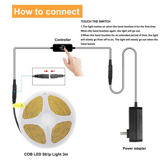 FUIQI COB LED Streifen 3m,warmweiß 3000K 24V COB LED Band Mit Adapter,Touch Dimmbar LED Streifen,320LED/M,CRI>90,8mmbreit,Lichtband LED geeignet für Schlafzimmer,Küchen,Schränke