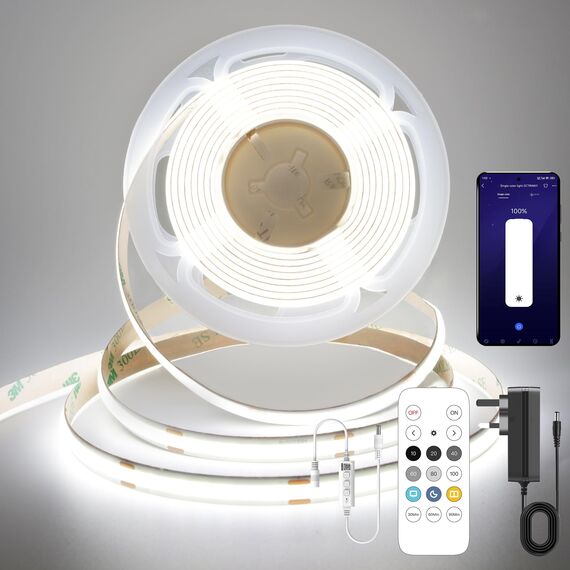 FUIQI COB LED Streifen 5m,Tageslichtweiß 6000K LED Streifen 24V Mit Adapter,Smart App und Fernbedienung Dimmbar LED Band,320LED/M,CRI>90,8mmbreit,geeignet für Schlafzimmer,Küchen,Schränke