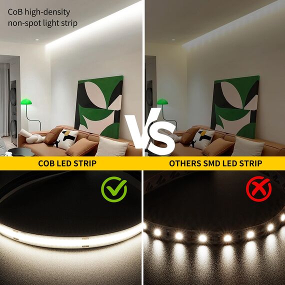 FUIQI COB LED Streifen 5m,Tageslichtweiß 6000K LED Streifen 24V Mit Adapter,Smart App und Fernbedienung Dimmbar LED Band,320LED/M,CRI>90,8mmbreit,geeignet für Schlafzimmer,Küchen,Schränke