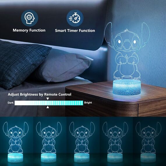 Hoofun Stitch Lampe mit Timer, 16 Farben 3D LED Illusion Anime Nachtlicht mit Fernbedienung, Memory-Funktion und Smart Touch, Stich Stuff Merch Geschenk für Kinder Geburtstag Zimmer Deko