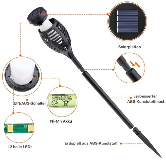 12Stück Solar Lampe Outdoor, Solar Leuchten Außen Wetterfest, Solarlichter für Außen Balkon Beleuchtung Garten Deko, Solarfackeln LED Gartenbeleuchtung Solar Außen, Gartenlampen Solar Wetterfest