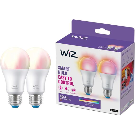 WiZ Smart LED A60-Lampe, Color und Tunable White, E27-Sockel, 60W, 806 Lumen, dimmbar, funktioniert mit Alexa, Google Assistant, und Apple HomeKit, 2er Pack
