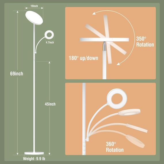 LED Stehlampe Wohnzimmer Dimmbar, 42W 3600LM Deckenfluter mit Leselampe, Fernbedienung & Touchsteuerung, 1-Minuten-Installation, Stehlampe Modern für Wohnzimmer, Büro, Esszimmer, Schlafzimmer(Weiß)