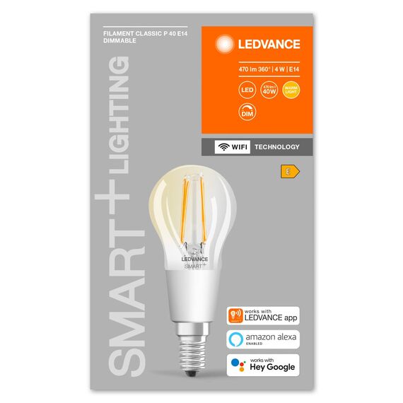 LEDVANCE Smarte LED-Lampe mit Wifi Technologie, Sockel E14, Dimmbar, Warmweiß (2700K), Tropfenform, Klares Filament, Ersatz für herkömmliche 75W-Glühbirnen, steuerbar mit Alexa, Google & App, 4er-Pack
