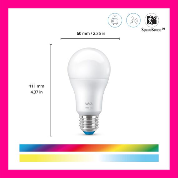 WiZ Smart LED A60 Bulb, Warm to Cool White, E27-Sockel, 60W, 806 Lumen, dimmbar, funktioniert mit Alexa, Google Assistant, und Apple HomeKit, 2er Pack