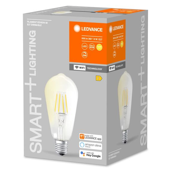 LEDVANCE Smarte LED-Lampe mit WiFi Technologie, Sockel E27, Dimmbar, Warmweiß (2700 K), ersetzt Glühlampen mit 60 W, SMART+ WiFi Filament Edison Dimmable, 4er-Pack