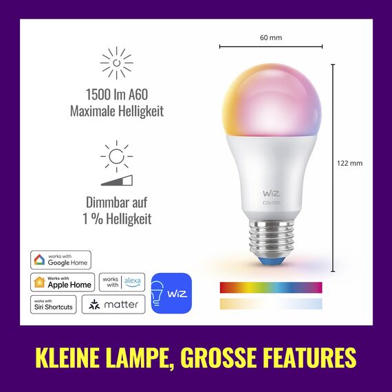 WiZ Smart LED A60-Lampe, Color und Tunable White, E27-Sockel, äquivalent 100 W, 2200–6500 K, 1521 Lumen, dimmbar, funktioniert mit Alexa, Google Assistant, und Apple HomeKit, 2er Pack