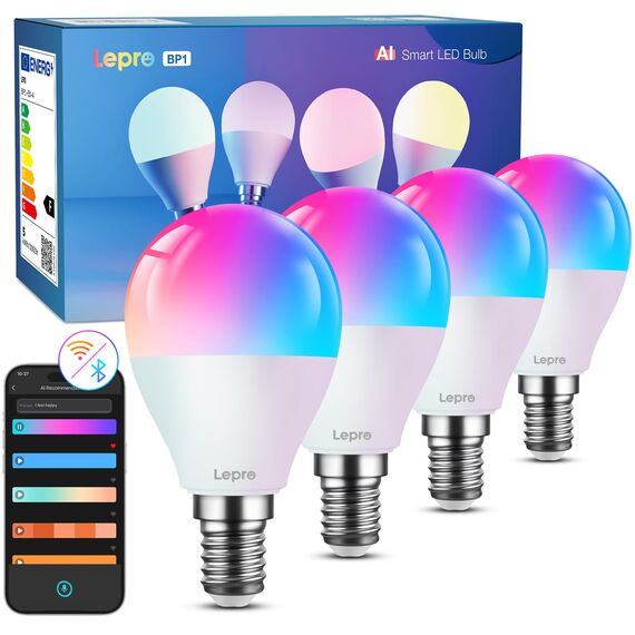 Lepro AI Smart Glühbirne BP1, G45 E14 LED Lampe Dimmbar 4.9W 470LM RGB+CCT, Personalisierter KI-Lichtdesigner mit Sprachsteuerung/Musik Sync, Kompatibel mit Alexa/Google, WiFi & Bluetooth, 4 Stück
